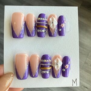 Purple & Nude Glam Press-On Nails with 3D Flower Accents